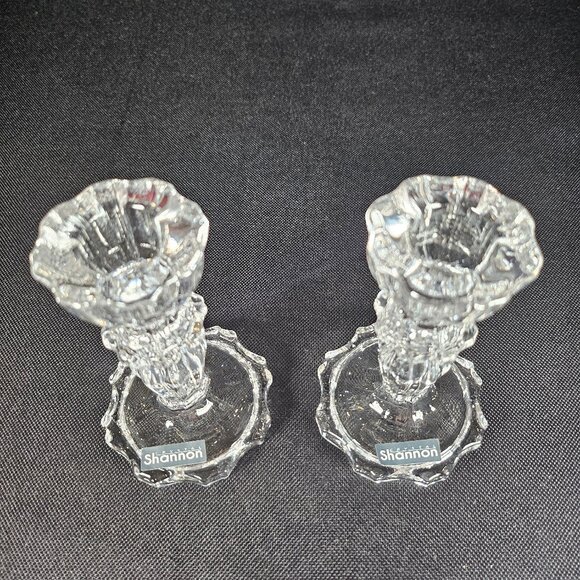 Boxed Pair Of Shannon by Godinger Atlantic 4" Tall Clear Candlesticks Tableware - Picture 3 of 11